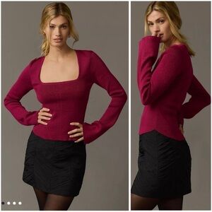 ANTHROPOLOGIE Maeve Square Neck Stretchy Bell Sleeves Shimmer Sweater Sz M NWT